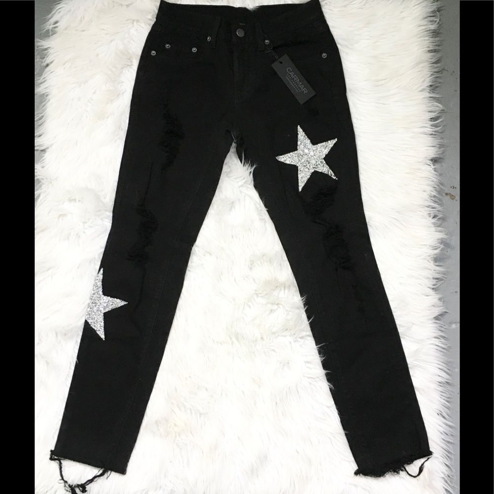 NEW CARMER LF black ripped with silver glitter stars high rise skinny jeans 25